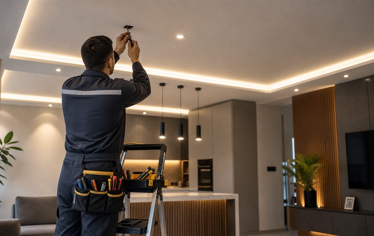 Modern iç mekanda LED aydınlatma tesisatı çalışması